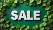 Sale sign surrounded by green leaves on a vibrant background Stock Illustration