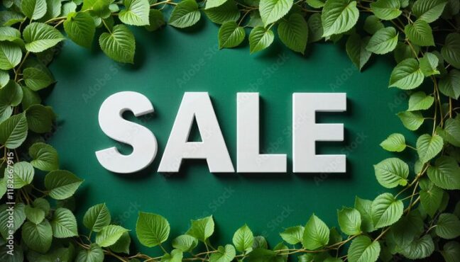 Sale sign surrounded by green leaves on a vibrant background Stock Illustration